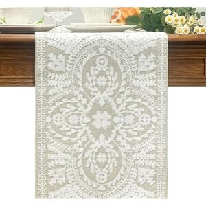 KEVA Boho Table Runner 72 In Farmhouse Linen Vintage White Embroidered Table